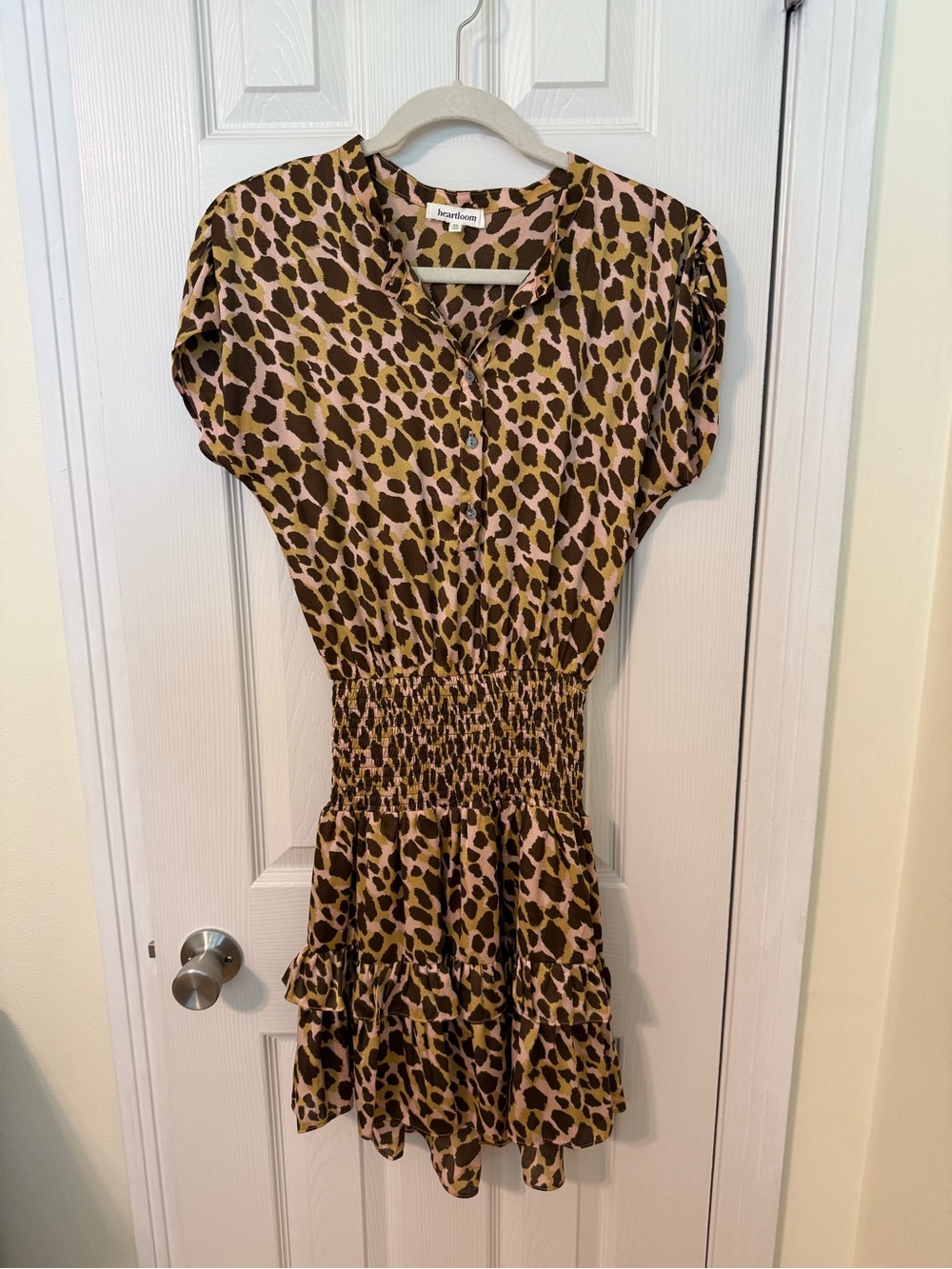Heartloom Leopard Print Ruffle Dress in Pink, Olive & Brown